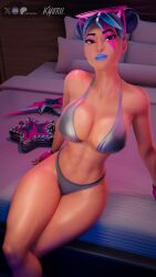 1girls bed big_breasts blue_lipstick bra epic_games fingerless_gloves fortnite glasses glasses_on_head gloves headhunter_(fortnite) hi_res high_quality high_resolution highres hourglass_figure ky0rii kyorii looking_at_viewer multicolored_hair on_bed panties sitting sitting_on_bed solo_female sparkle_diva sparkle_specialist thick_thighs