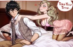 1boy 1girl ann_takamaki blonde_hair canon_couple cleavage couple english_text female lingerie long_hair male male/female neggoartz persona persona_5 pink_lingerie ren_amamiya revealing_clothes vest