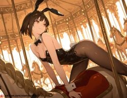 1boy ai_generated beautfiul_background brown_eyes bunnysuit carousel dark_brown fair_skin female kind_smile mating_press milf psycho-pass sharp_features sharp_gaze short_bob_hair slightly_tousled_at_the_ends small_breasts straight_and_neat stunning_backgroud tall_and_slender tsunemori_akane