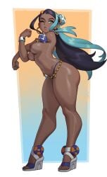 ass naked nessa_(pokemon) nintendo nude pokemon rizdraws simple_background sweat thick_thighs thong wink