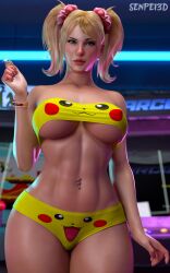 3d 3d_render arcade arcade_cabinet big_breasts blonde_hair bracelet breasts hair_scrunchie juliet_starling lollipop_chainsaw looking_at_viewer pierced_navel pikachu pokemon senpei3d strapless_top token twintails