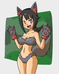 1girls bangs bikini black_hair blush blush_lines female fox_ears fur furry_ears furry_tail game_freak grey_fur headband light-skinned_female looking_at_viewer mythkaz paw_gloves pokemon pokemon_oras red_eyes solo spiral_eyes tail zinnia_(pokemon)