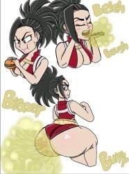 annoyed_expression ass_bigger_than_head black_eyes black_hair boku_no_hero_academia burger burp burp_cloud burping eating_food momo_yaoyorozu my_hero_academia pervysage ponytail superheroine yaoyorozu_momo