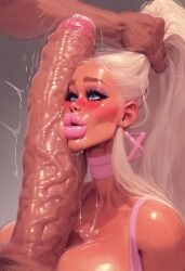 absurdly_large_cock ai_generated bikini bimbo bimbo_lips blonde_hair blush choker cleavage foreskin head_grab huge_breasts huge_cock long_hair makeup penis_on_face penis_slap pink_lips pobodyznerf ponytail precum tight_clothing veiny_penis