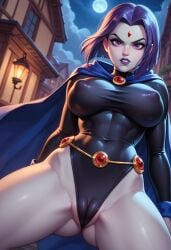 ai_generated angry cameltoe cartoon cartoon_character dc dc_comics erect_nipples puffy_pussy raven_(dc) robotkesh superhero_costume superheroine teen_titans