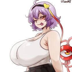 1girls big_breasts breasts clothed clothed_female female female_focus female_only komeiji_satori large_boobs large_breasts looking_at_viewer purple_hair purple_hair_female satori_komeiji seireiart short_hair short_hair_female solo solo_female solo_focus tank_top tanktop touhou touhou_project white_tank_top