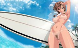 armpits ass_visible_through_thighs bikini_tan boin bracelet braid breasts breasts_apart brown_hair cloud day female front-tie_top green_eyes hand_on_own_head happoubi_jin highres hip_bones jewelry kuouzumiaiginsusutakeizumonokamimeichoujin_mika large_breasts looking_at_viewer navel nipples nude nude_filter photoshop pubic_hair pussy resort_boin skindentation sky smile solo surfboard swimsuit tan tanline twin_braids uncensored wet yato_biennin