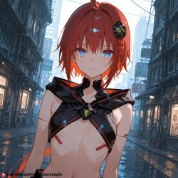 ai_generated beautfiul_background cyberpunk_city flashing_her_tits flat_chest kurosaki_mea streaming_tears stunning_backgroud