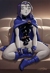 ai_generated ball_bulge balls bulge civitai dc dc_comics erection futanari meditation penis penis_bulge penis_under_clothes rachel_roth raven_(dc) raven_(teen_titans) teen_titans