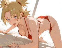 ahe_gao ai_generated ass_up bikini blonde_hair blue_eyes blush breasts medium_breasts naruto open_mouth quad_tails red_bikini saliva temari tongue_out