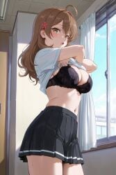 ai_generated bra brown_eyes brown_hair busty earth-34 hair_flower maria_mikhailovna_kujou roshidere shirt_lift skirt sweating