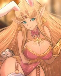 1girls blonde_hair blue_eyes bow_tie breasts bunny_ears bunny_tail detached_collar earrings fake_animal_ears fake_tail large_breasts leotard long_hair looking_at_viewer nintendo omiza_somi pink_leotard playboy_bunny princess_zelda the_legend_of_zelda the_legend_of_zelda:_a_link_between_worlds thighhighs tiara triforce triforce_earrings