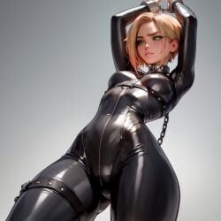 ai_generated arms_up blonde_hair bondage_gear bondage_outfit bound choker female gagged green_eyes harness latex latex_bodysuit short_hair skimpy_clothes skintight_clothing small_breasts submissive submissive_female veve