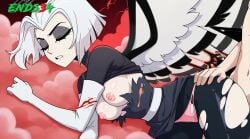 ai_generated angel before_sex defeated defeated_heroine ends34 female female_focus hazbin_hotel heroine_in_trouble lute_(hazbin_hotel) male medium_breasts pink_panties sexy short_hair sleeping stockings torn_clothes white_hair