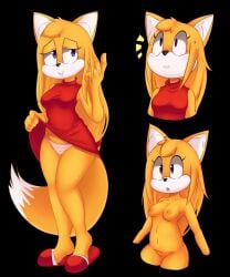 1girls blue_eyes boomerang boomerang_(tv_network) breasts breasts cartoon_network dress female fox kraycat naked nipples nude solo sonic_(series) sonic_boom sonic_the_hedgehog_(series) tail underwear yellow_fur zooey_the_fox