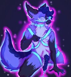anthro balls black_arms black_legs blue_body blue_fur blue_hair bodily_fluids canid canine collar cum cum_drip dripping ear_piercing eyewear facial_piercing fluffy fluffy_tail fur genital_fluids genitals glasses hair harness hi_res leather leather_harness lust_mutt male mammal muzzle_(object) nipple_piercing nipples oozing_cum piercing solo spiked_collar spikes spots spotted_balls spotted_cock spotted_genitalia tail tan_body tan_fur teal_eyes wearing_glasses
