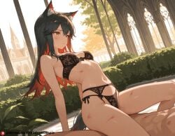 1boy ai_generated animal_ears arknights botanical_garden bra bruised lace_lingerie lingerie panties scratched small_breasts stunning_backgroud texas_(arknights)