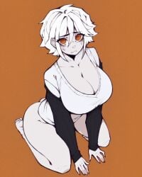 1girls ai_generated cleavage falsegate from_above ghost_and_pals highres huge_breasts kneeling large_breasts mv_character nervous orange_background orange_eyes say_(ghost) short_hair shorts solo stable_diffusion sweat sweatdrop the_chattering_lack_of_common_sense white_hair white_shorts