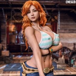 1girls 3d big_breasts bikini bikini_top breasts emess3d erect_nipples female huge_breasts nami nipple_bulge one_piece orange_hair solo