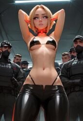 ai_generated alter_ego bikini blonde_hair captured collar defeated elf latex_clothing skimpy_clothes small_breasts thighhighs veve