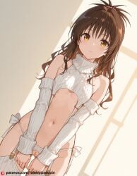 ai_generated breasts clothing flat_chest pussy pussy_cutout sad stockings to_love-ru to_love-ru_darkness underboob v_arms virgin_destroyer_sweater yuuki_mikan