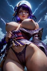 ai_assisted ai_generated breasts chaothicc female from_below full_moon genshin_impact highres huge_breasts kimono large_breasts looking_at_viewer looking_down purple_eyes purple_hair raiden_shogun realistic solo underwear viewed_from_below