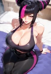 ai_generated asymmetrical_bangs bangs bed black_hair black_sports_bra capcom cleavage clothed curvy curvy_figure female fit_female gym hair_horns huge_breasts juri_han on_bed pink_hair seductive sidelocks sitting sitting_on_bed sports_bra steam steamy_body streaked_hair street_fighter street_fighter_6 thick thick_thighs tight_clothing two_tone_hair voluptuous voluptuous_female wide_hips