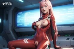 , 1girls ai_generated aqua_eyes bodysuit breasts breasts_out cockpit covered_navel darling_in_the_franxx green_eyes hairband hi_res horns indoors lips long_hair looking_at_viewer makeup medium_breasts nipples open_clothes open_mouth pilot_suit pink_hair pussy r34arts red_bodysuit red_horns science_fiction sitting skin_tight solo uncensored white_hairband zero_two_(darling_in_the_franxx)