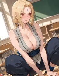 ai_generated bare_arms bare_shoulders beautfiul_background blonde_hair brown_eyes classroom cleavage collarbone facial_mark flustered forehead_mark grey_kimono japanese_clothes kimono large_breasts long_hair low_twintails makeup mature_female pants parted_bangs sash sexy_squatting sleeveless stunning_backgroud tsunade_(naruto) twintails yellow_hair