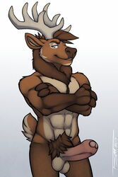 2017 3_fingers abs anthro antlers balls biceps biped blue_eyes body_hair brown_fur brown_hair brown_tail bulge cervine chest_hair countershade_tail countershade_torso countershading crossed_arms damian_(piercingnightfall) elk erection eyebrows front_view fur grey_horn hair hi_res hooved_fingers horn humanoid_penis looking_at_viewer male male_only mammal multicolored_fur multicolored_tail muscular muscular_male nude penis pink_penis portrait pubes signature smile smirk snout solo standing tan_balls tan_countershading tan_fur tan_tail three-quarter_portrait tsaiwolf two_tone_fur two_tone_tail uncut