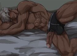 1boy abs bara bed blush boner cocky erection looking_at_viewer lying male male_only marototori muscle muscular penis penis_through_leghole pov smile smirk solo solo_male sweat tongue tongue_out topless underwear