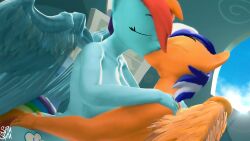 16:9 3d_(artwork) anthro ass big_breasts big_butt blue_body blue_feathers breasts canon_x_oc closed_eyes digital_media_(artwork) duo equid equine feathers female friendship_is_magic hasbro hi_res huge_breasts huge_butt kiss_on_lips kissing lightning_burn male male/female mammal my_little_pony mythological_creature mythological_equine mythology nude orange_body orange_feathers pegasus rainbow_dash_(mlp) source_filmmaker_(artwork) symm widescreen wings