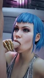 1boy 1girls 3d blowjob blue_hair bluelight cd_projekt_red clothed cyberpunk_2077 evelyn_parker fellatio female green_eyes handjob male oral penis