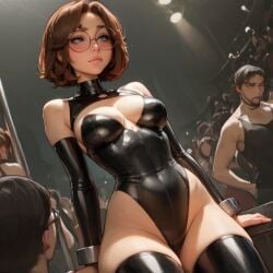 ai_generated bondage brown_hair glasses green_eyes latex mimo public slave slave_outfit