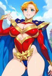 2d ai_generated athena_haruka big_breasts blonde_hair cape cleavage female female_focus female_only leotard short_hair solo solo_female solo_focus superheroine tagme uchi_no_musume_ni_te_o_dasu_na!