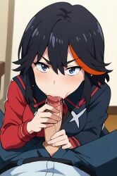 1girls ai_generated black_hair blowjob blowjob_face blush blush_lines blushing_at_viewer blushing_female grey_eyes handjob indoor indoors indoors_sex kill_la_kill matoi_ryuuko saliva school school_uniform schoolgirl short_hair sucking sucking_penis sucking_tip