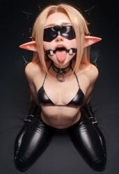 ai_generated alter_ego bikini blindfold blonde_hair bound captured collar defeated elf gagged latex_clothing open_mouth open_mouth_gag skimpy_clothes small_breasts thighhighs veve