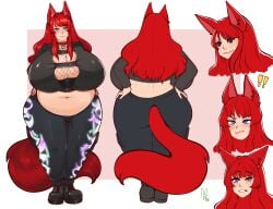 1girls alyssa_the_red_fox_(aliencraftman) big_belly big_breasts chubby chubby_female female female_focus female_only fox_ears fox_tail rabidbunny red_fur red_hair reference_sheet simple_background solo_female thick_thighs