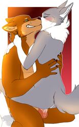 absurd_res anthro bad_id blush bodily_fluids breasts brown_body brown_fur canid canine canis cum cum_inside dawn_dubois duo female fur genital_fluids grey_body grey_fur grin hi_res knot male mammal marty_shepard original original_character original_characters pan-sturmtochter penis sex smile straight wolf year_request