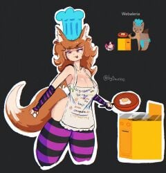 1girls apron big_breasts brown_eyes brown_hair bydaekko chef_hat cooking egg facebook fox_ears fox_girl fox_tail half_naked hat holding_object meme rocky_hernandez spanish_text stockings sweating tagme thick thick_thighs veracruz webones_de_la_ruta_13 zorra