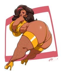 1girls ass ass_bigger_than_head ass_focus big_boobs big_breasts bracelet breasts carmessi color dark-skinned_female dat_ass female female_focus female_only fishnets gala gold_hoop_earrings high_heels hoop_earrings hoop_earrings_oversized huge_ass huge_breasts hyper hyper_ass naze original original_character red_highlights simple_background string_bikini tagme