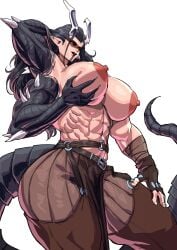 3_arms abs asymmetrical_arms black_hair breast_grab dragon dragon_girl elf_ears face_tattoo from_below grabbing_own_breast horns huge_breasts long_tail looking_at_viewer multi_arm multi_limb muscular muscular_female scales tail tattoo topless virgoart1509