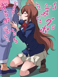 1boy bar_censor blush bow brown_hair censored e_keroron fellatio female gundam gundam_build_fighters gundam_build_fighters_try hand_on_another's_head kamiki_mirai kneeling oral red_bow school_uniform