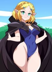 1girls abysswatchers blonde_hair blue_one-piece_swimsuit blue_swimsuit breasts cape clouds crown_braid green_eyes hairclip large_breasts looking_at_viewer nintendo one-piece_swimsuit outside princess_zelda short_hair sky swimsuit tears_of_the_kingdom the_legend_of_zelda trees