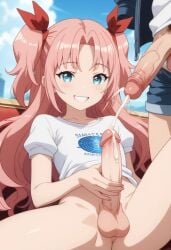 1boy 1femboy after_cumshot ai_generated arikawa_hime balls blue_eyes crossdressing cum cumshot erection femboy himegoto penis pink_hair precum smile testicles trap