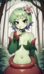 accurate_art_style ai_generated alraune bigmic145 breasts detached_sleeves female female_only flower flower_in_hair green_hair green_skin leaf leaf_clothing monster_girl navel netflix plant plant_girl plant_humanoid ramona_flowers scott_pilgrim scott_pilgrim_takes_off