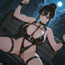 1boy ai_generated amazon_position beautfiul_background bench bondage bondage_outfit chi-chi_(dragon_ball) chichi collar dragon_ball flushed_lips frustrated_brow harness huge_breasts moonlight stunning_backgroud