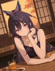 ai_generated beautfiul_background flat_chest furrowed_brow izakaya sitting stunning_backgroud yatogami_tooka