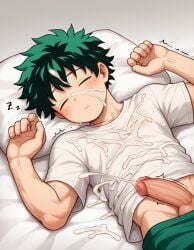 1boy ai_generated asleep cum cum_everywhere cum_on_bed cum_on_chest cum_on_face cum_on_hair cum_on_upper_body cumshot ejaculation excessive_cum green_hair izuku_midoriya male male_only midoriya_izuku self_upload shirt shorts sleeping solo solo_focus solo_male throbbing_penis wet_dream