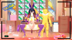 big_breasts big_penis black_hair bunny_ears bunnysuit camera carmine_(pokemon) cumdump dildo dildo_in_pussy double_dildo erect_nipples gloves heart-shaped_pupils high_heels hypno hypnosis koikatsu krackdraw looking_at_viewer pasties pokemon pokephilia recording slave smile smiling squatting tagme thighs tie vagina yellow_fur